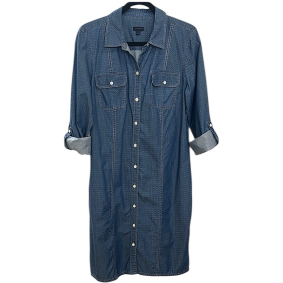 Talbots Denim Polka Dot Shirtdress Roll Tab Sleeve Size 12 - Picture 1 of 11